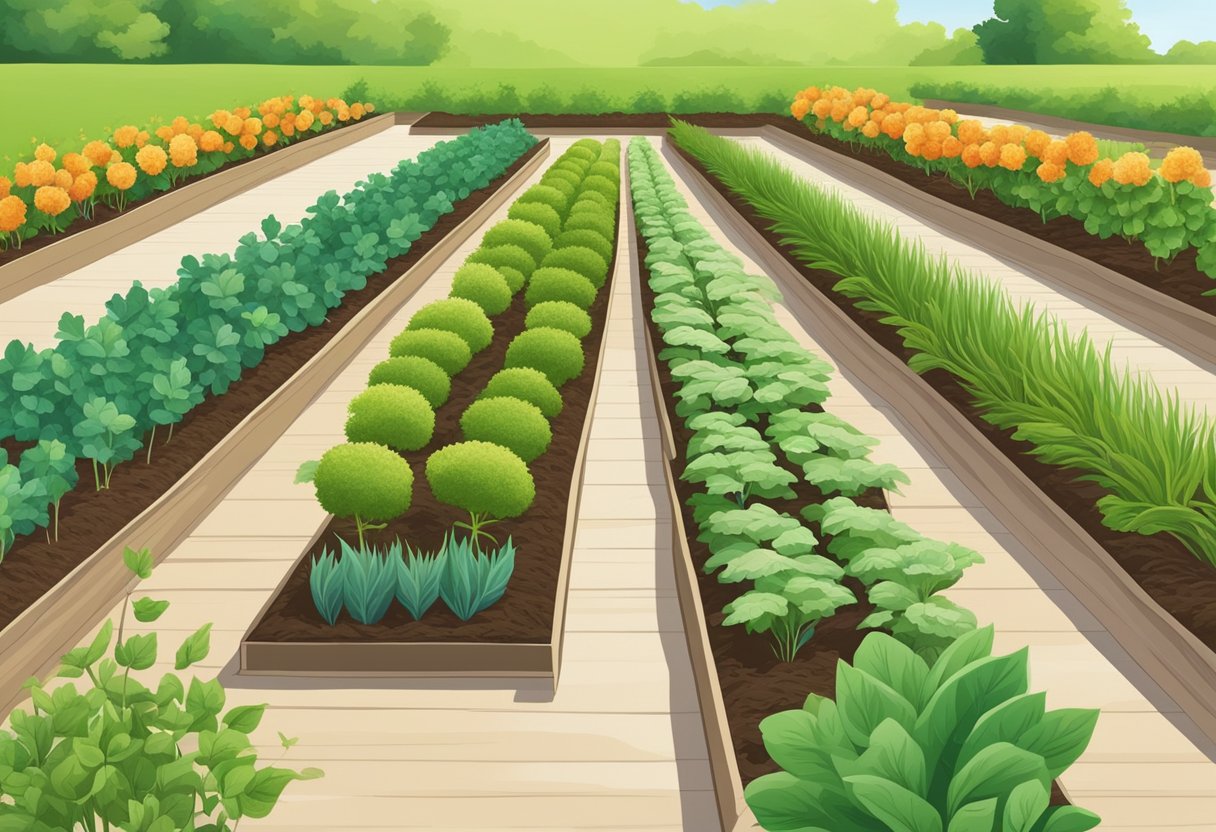 Garden rows are evenly spaced, with rich soil and vibrant green plants stretching out in neat, organized lines