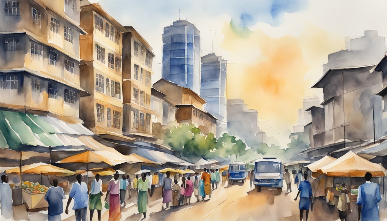 A bustling Nairobi street with tall buildings, colorful markets, and busy traffic.</p><p>Hotels and hostels line the streets, offering accommodation to travelers