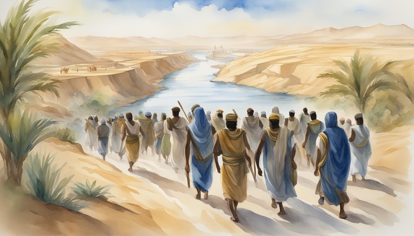 The Israelites fleeing Egypt, leaving behind a land of slavery and oppression.</p><p>The Nile River flows in the background, symbolizing the power of the pharaoh