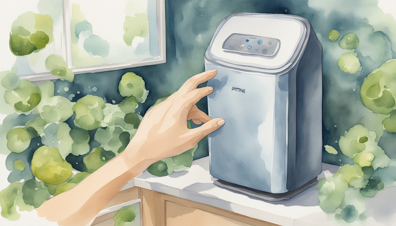 A hand reaching for an air purifier, surrounded by mold spores.</p><p>A clean, well-maintained purifier sits nearby