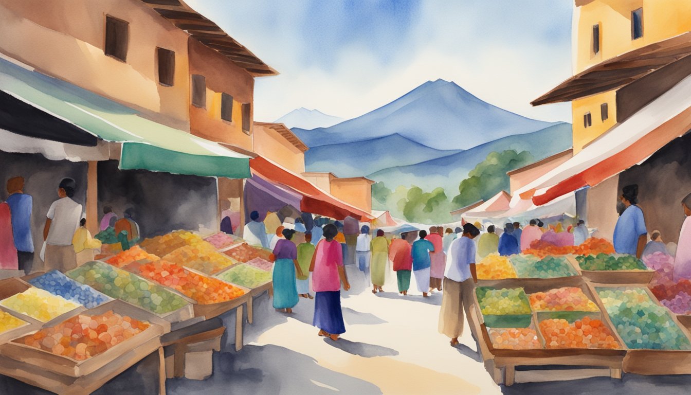 Vibrant market stalls, colorful textiles, and towering mountains in the background showcase the diverse regions of Oaxaca