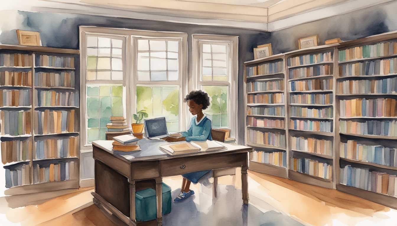 Katherine Johnson's childhood home, surrounded by books and a chalkboard, with a young girl studying at a desk