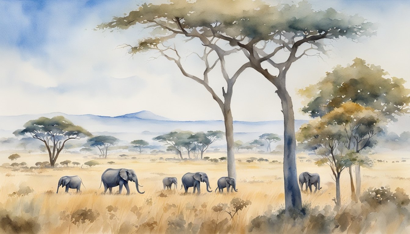 A vast savannah landscape with acacia trees and grazing wildlife, including elephants, giraffes, and zebras, under a clear blue sky