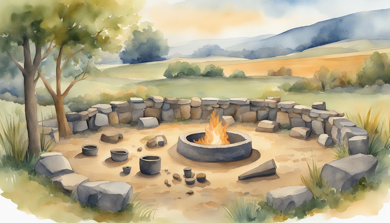 Neolithic tools and pottery surround a fire pit.</p><p>A planted field and domesticated animals are nearby, showing the shift from hunter-gatherer to agricultural society