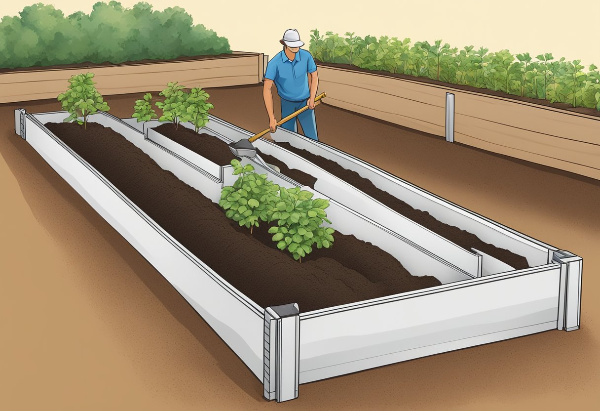 A 4x8 raised bed being filled with soil, showing the gradual increase in soil level as it is being spread and leveled out