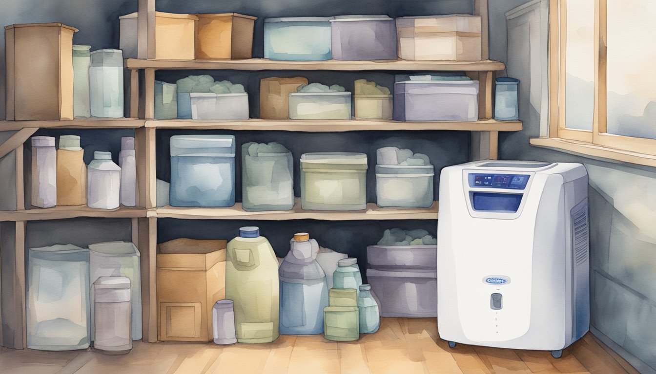 A basement dehumidifier hums softly while removing moisture from the air.</p><p>A small digital display shows the current humidity level.</p><p>The unit is surrounded by stacks of boxes and shelves filled with household items