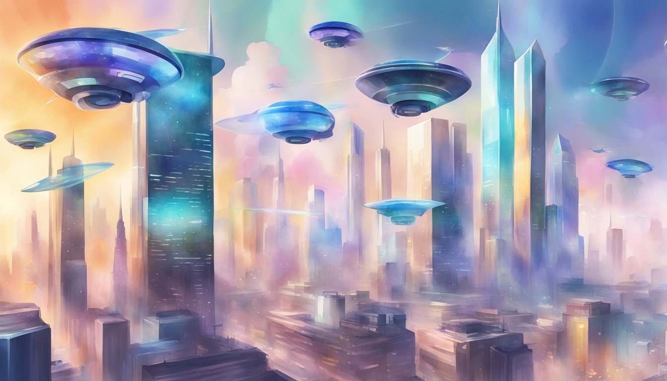 A futuristic city skyline with holographic billboards and flying drones.</p><p>Virtual reality headsets and advanced personal tech gadgets are in use