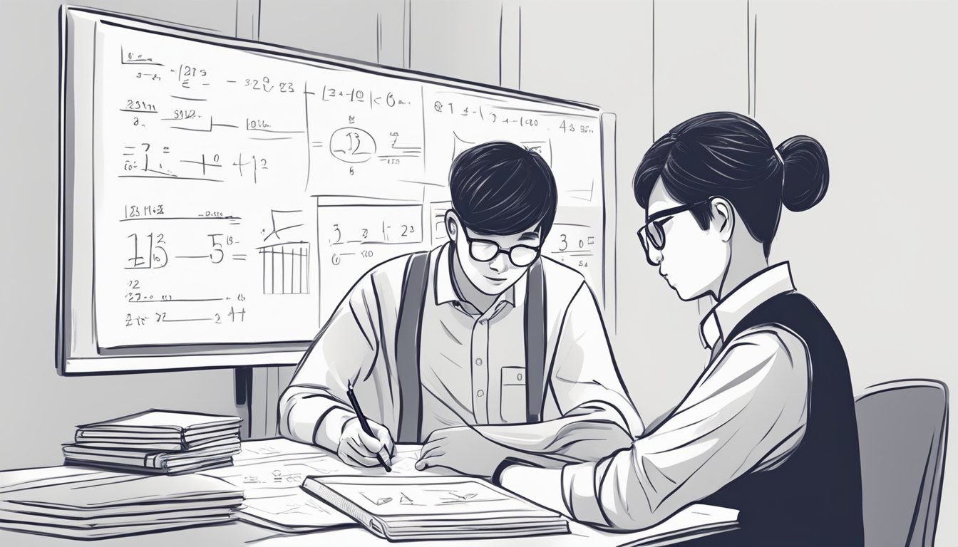 A student studying PSLE math with a tutor in Singapore, using textbooks and solving equations on a whiteboard