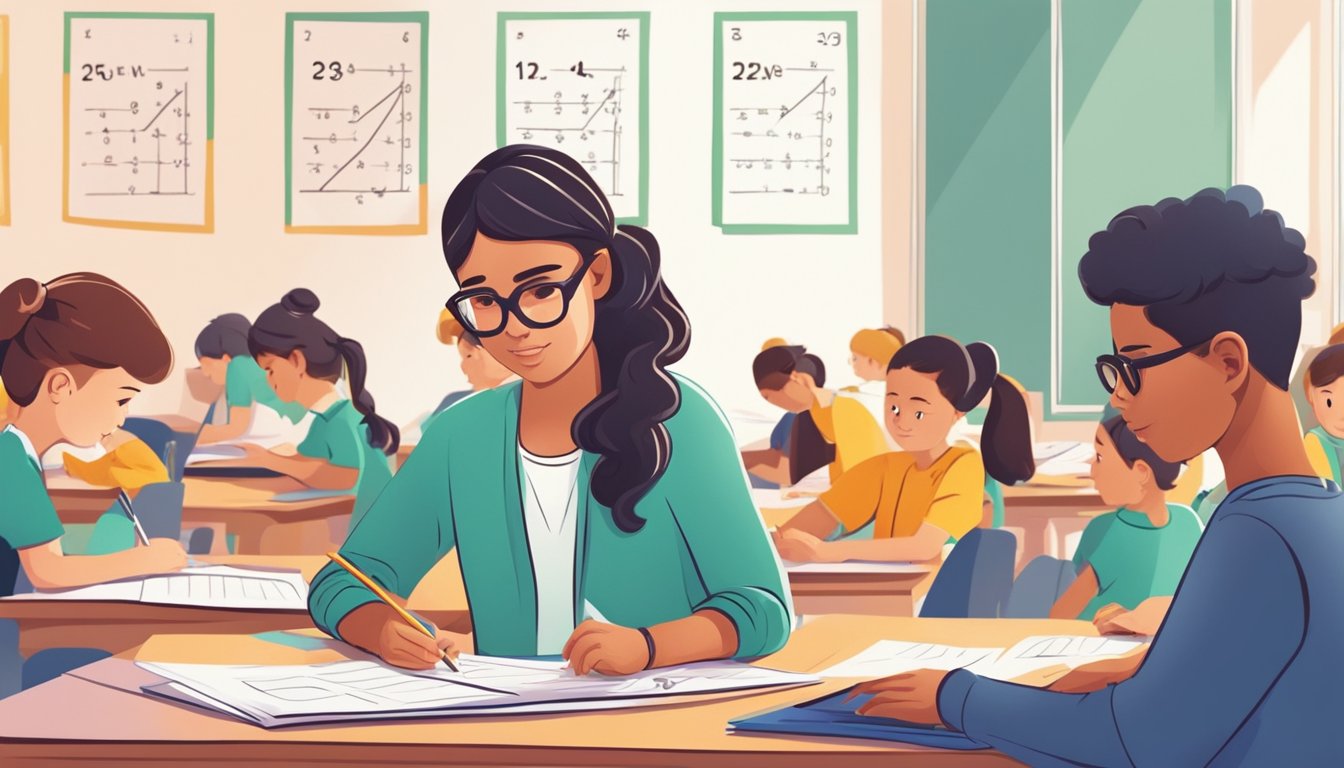 A student working on math problems with a tutor in a bright, organized classroom