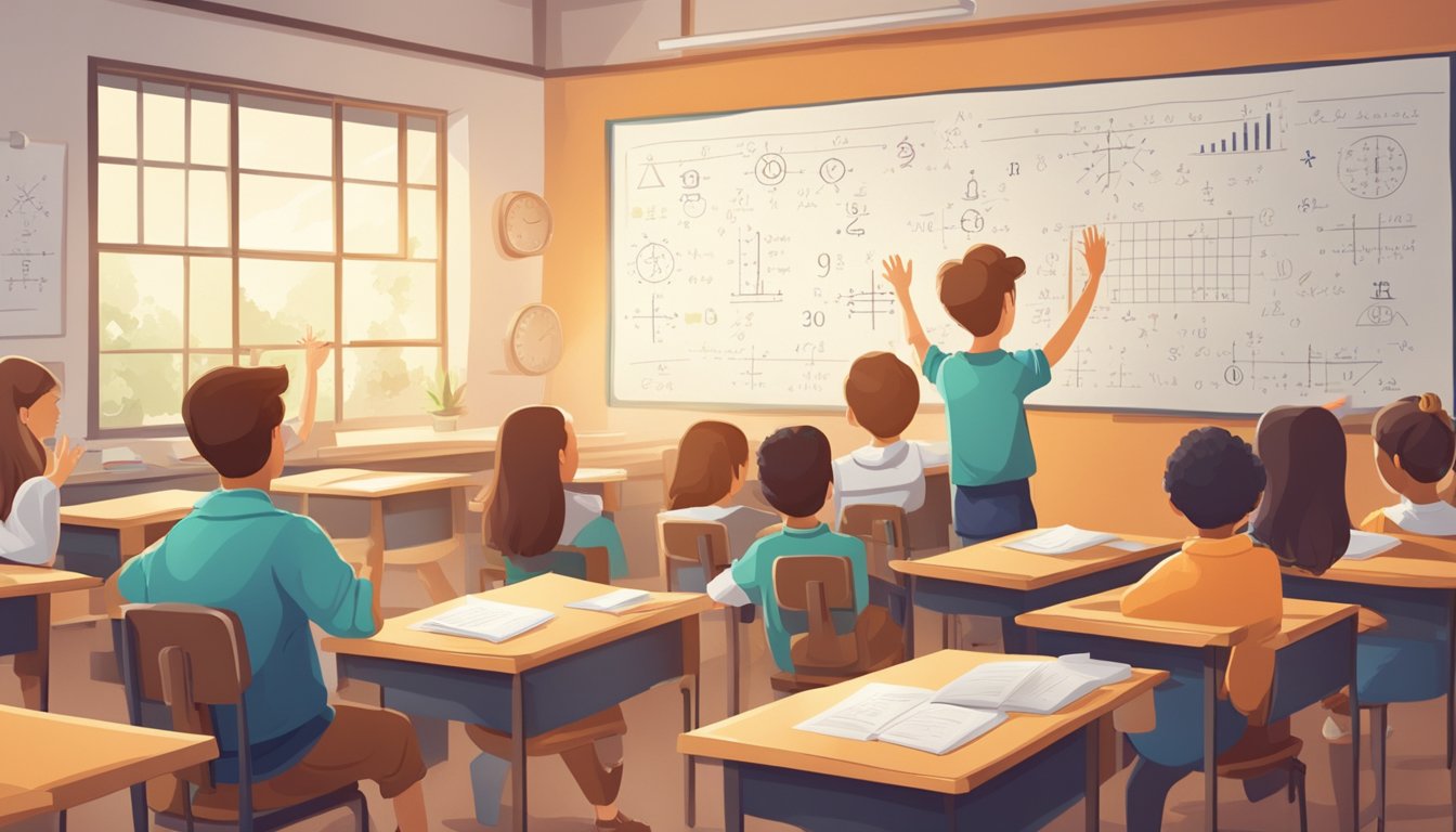 A student raising hand in a classroom, surrounded by math symbols and equations on the board