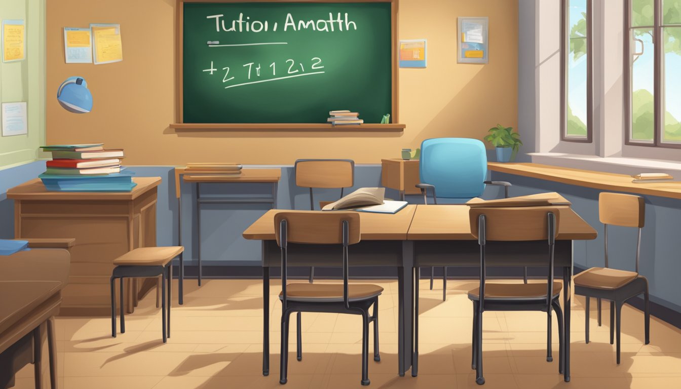 A classroom with a desk, chair, and a blackboard with "tuition kenneth amath" written on it
