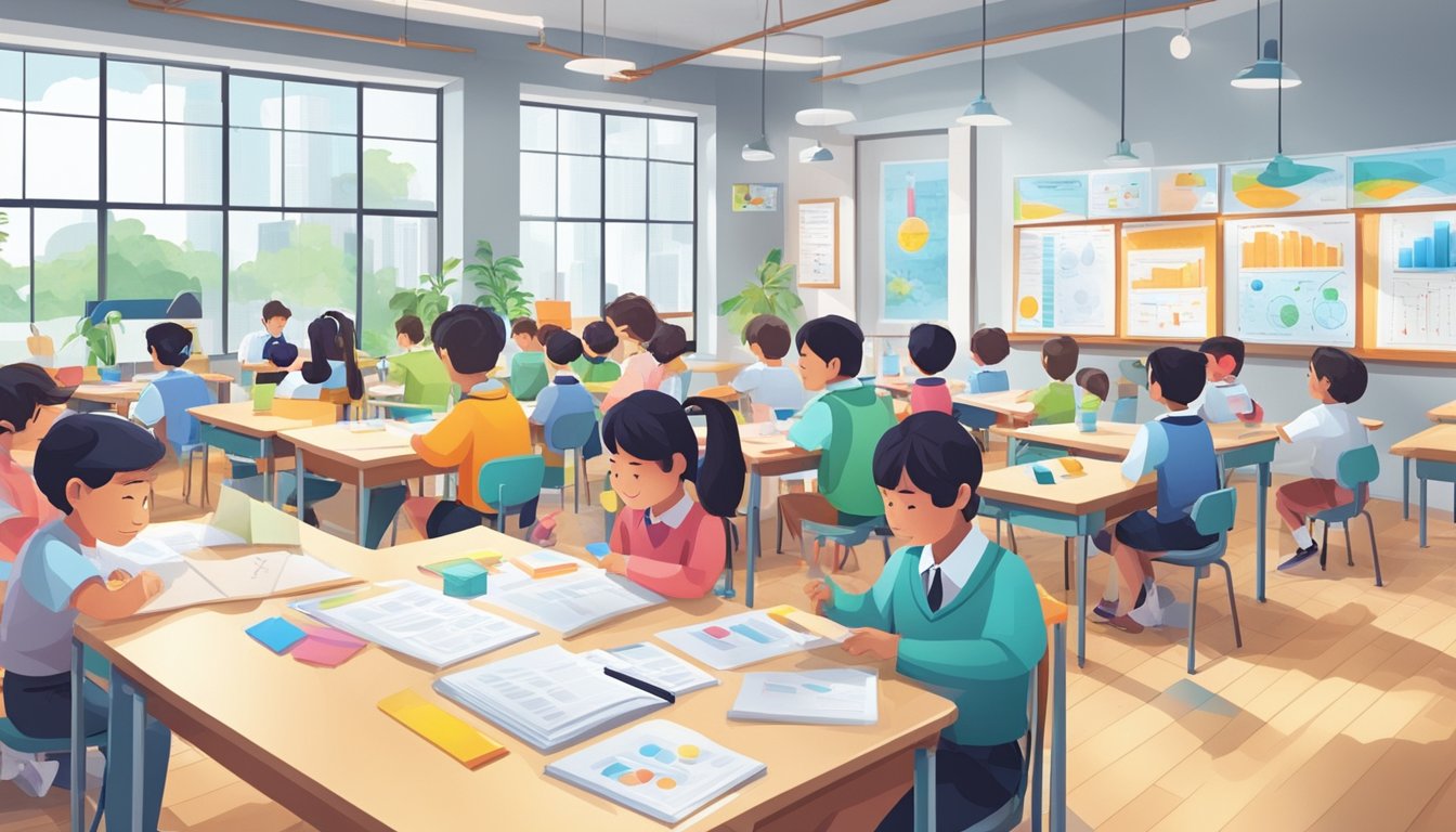 A bustling classroom with students engaged in experiments and discussions, surrounded by colorful charts and models, showcasing the best chemistry tuition in Singapore