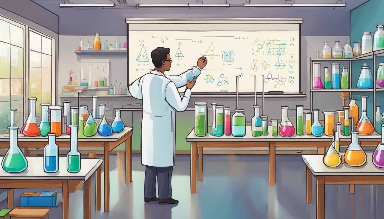 A chemistry lab with colorful beakers and test tubes, a whiteboard filled with chemical equations, and a teacher explaining concepts to students