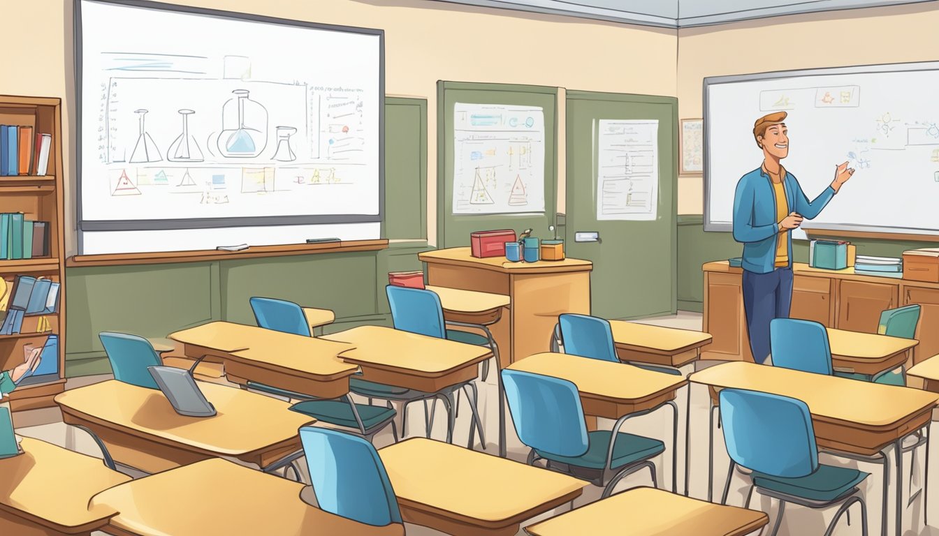 A classroom with a whiteboard, desks, and chairs. A teacher standing in front of the class, explaining chemistry concepts