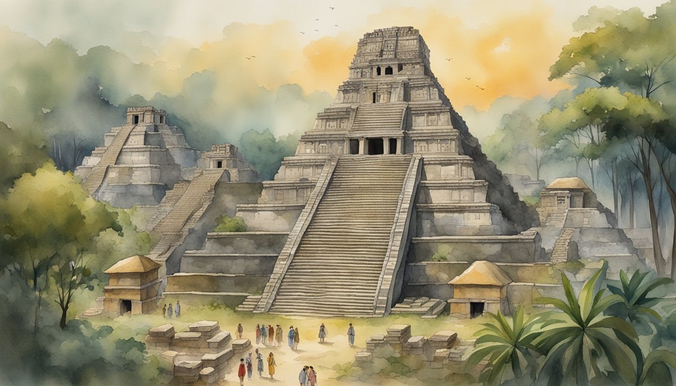 The Maya civilization's decline: depict a once thriving city overtaken by nature, with crumbling temples and abandoned homes, while neighboring tribes and foreign conquerors encroach