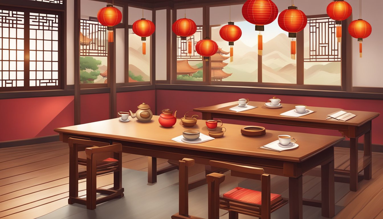 A traditional Chinese classroom with red lanterns, calligraphy scrolls, and a wooden table with tea set