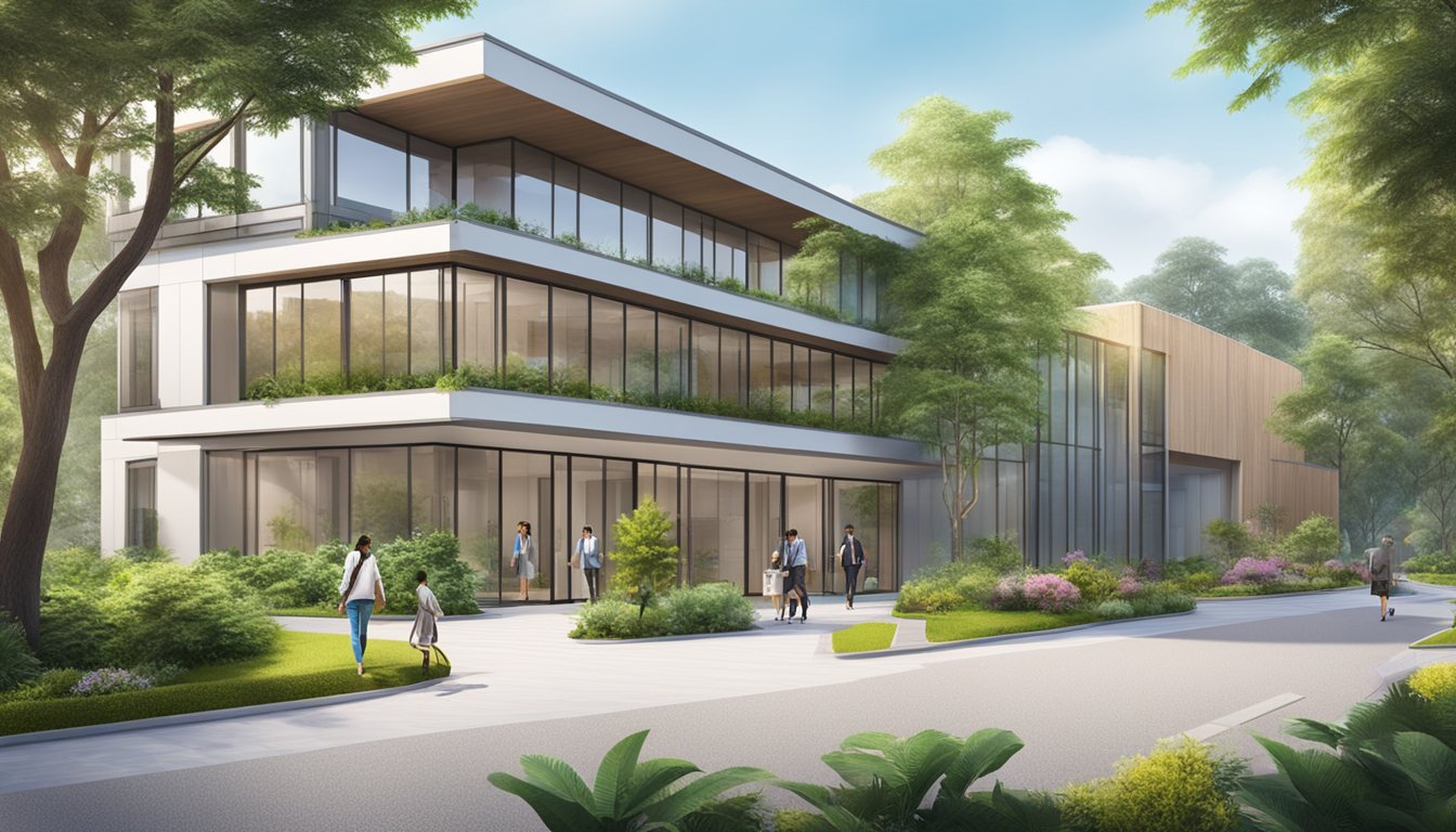 The Essence Education Centre is a modern, spacious building with a welcoming entrance and large windows, surrounded by lush greenery