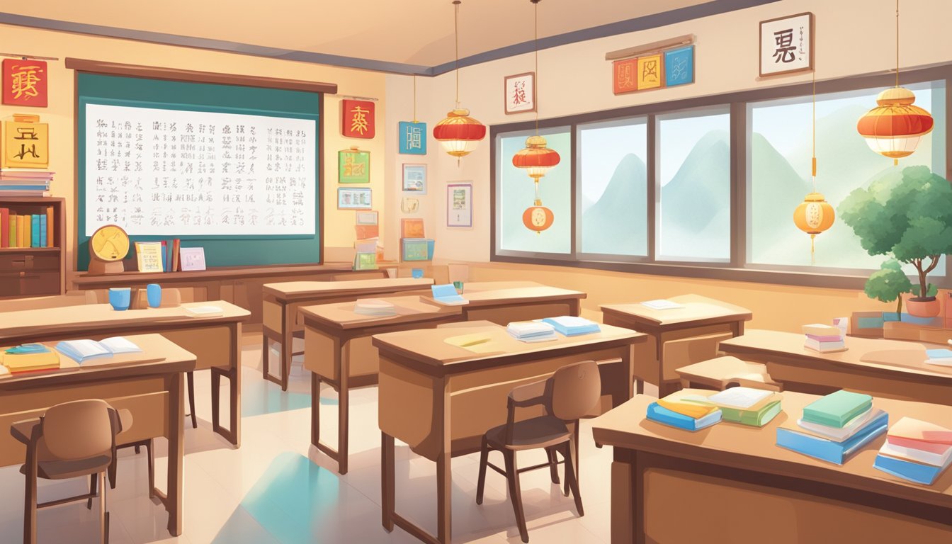 A classroom filled with Chinese language materials, including books, flashcards, and a whiteboard with Chinese characters. The room is bright and inviting, with colorful decorations and a cozy study atmosphere