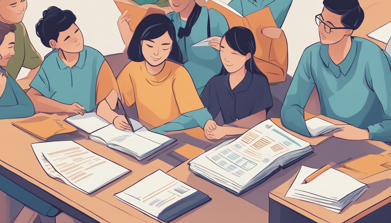 A stack of FAQ papers with "Essence Chinese Tuition" logo, surrounded by a diverse group of students studying and discussing