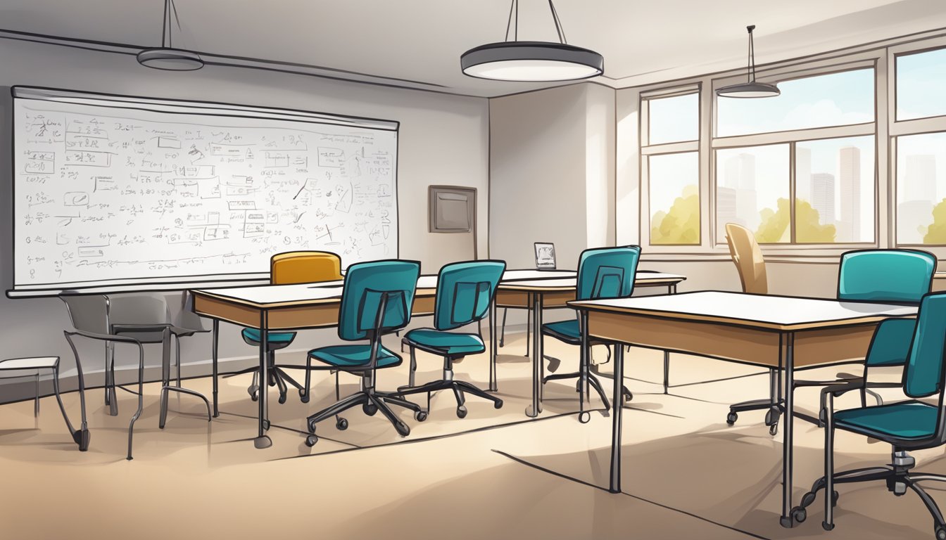 A whiteboard covered in equations, with a desk and chairs arranged for a one-on-one lesson