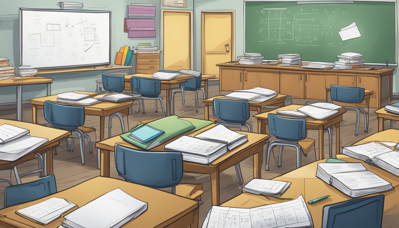 A classroom with a whiteboard covered in math equations, textbooks and notebooks scattered on desks, and a teacher