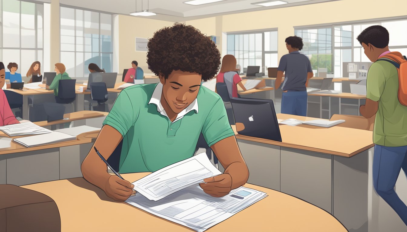 A student receiving financial aid forms at a school