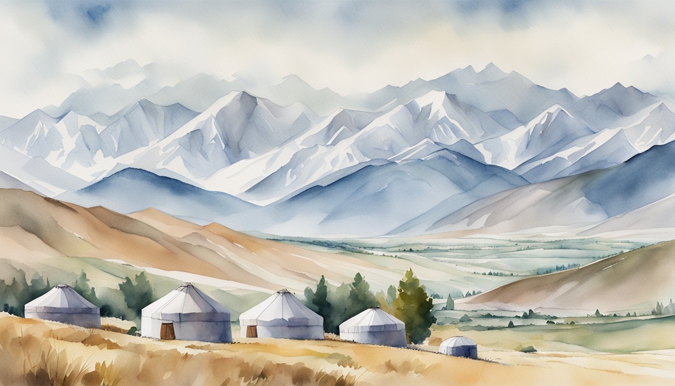 Rolling hills, snow-capped mountains, and yurts dotting the landscape of Kyrgyzstan