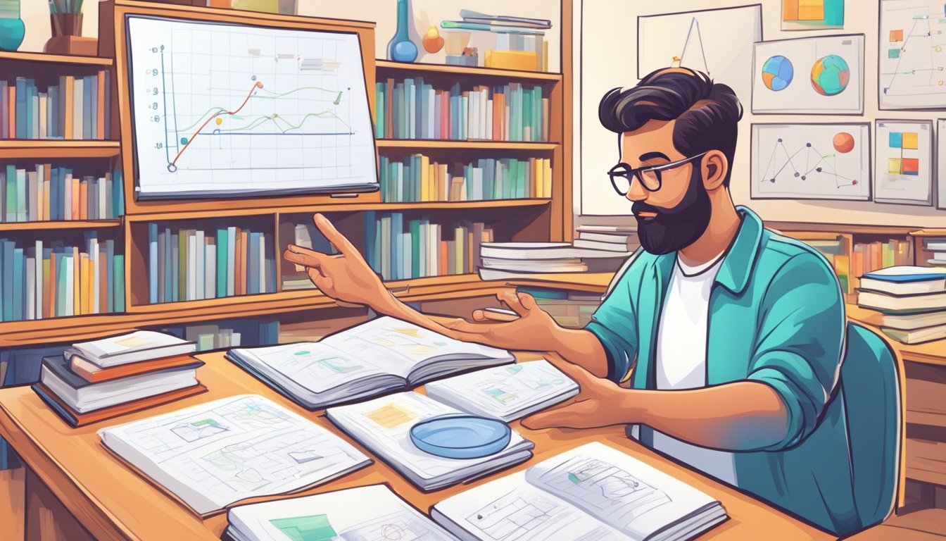 A physics tutor explains concepts on a whiteboard, surrounded by textbooks and scientific equipment in a bright, organized classroom