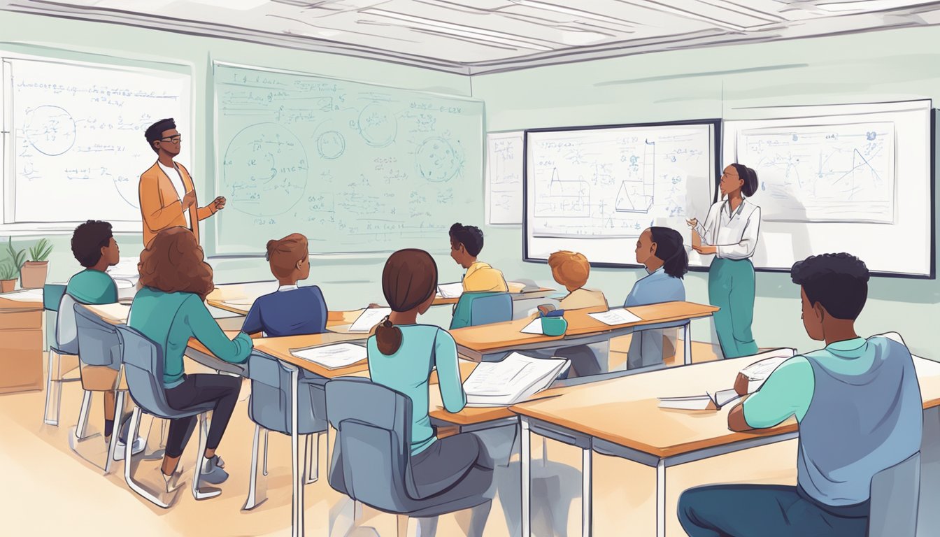 A classroom with physics equations on a whiteboard, students engaged in discussions, and a tutor explaining concepts with visual aids