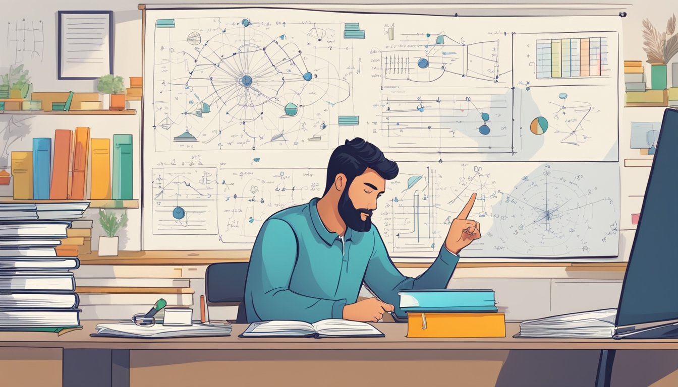 A student sits at a desk, surrounded by physics textbooks and equations. A tutor points to a diagram on a whiteboard, explaining concepts with enthusiasm