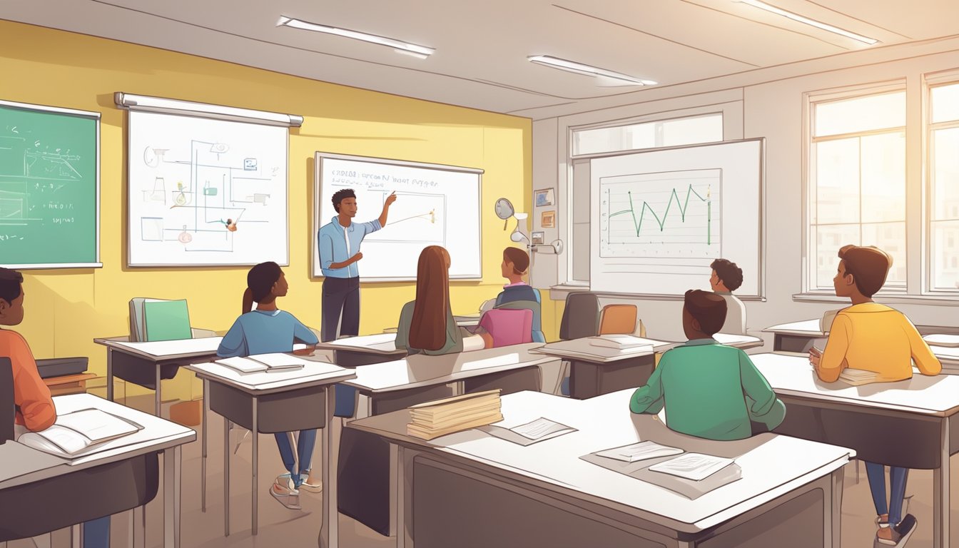 A physics tutor answering questions with a whiteboard and textbooks in a bright, modern classroom