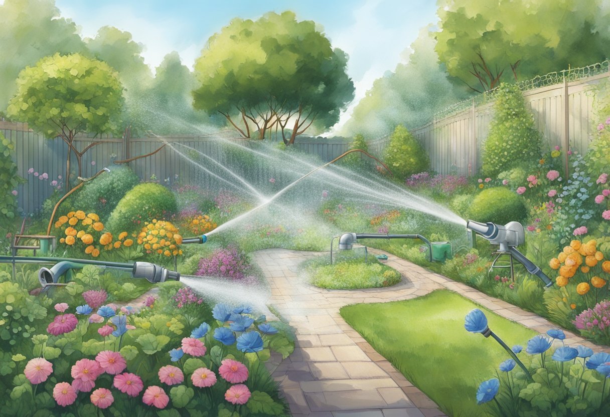A garden with a network of pipes and sprinkler valves scattered throughout, with water spraying from some of them