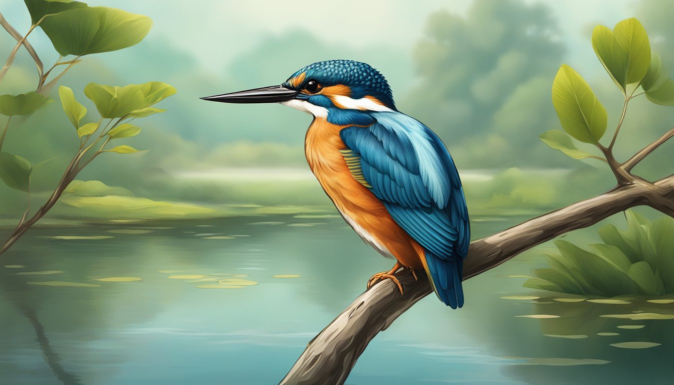 A kingfisher perches on a branch near a serene pond at the tuition centre