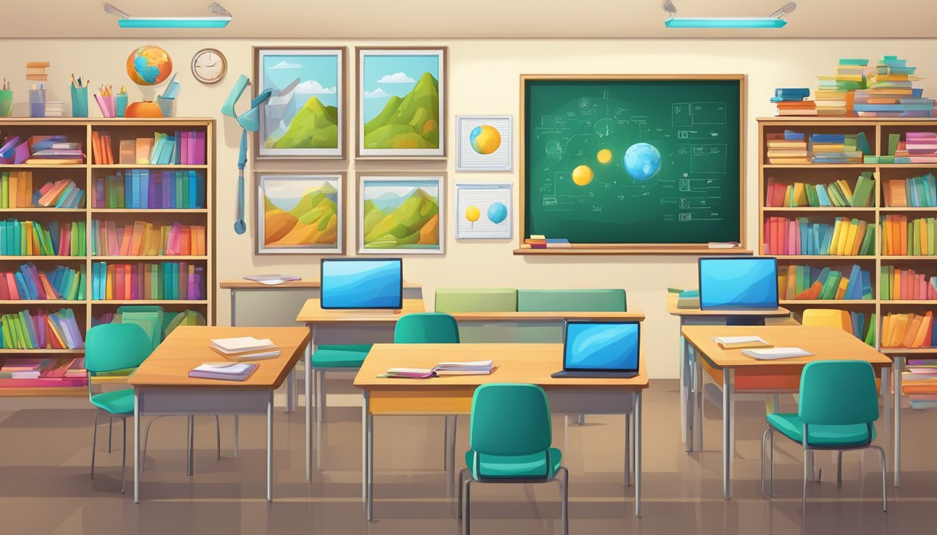 A colorful classroom with textbooks, whiteboard, and educational posters. A diverse range of subjects and curriculum materials neatly organized on shelves