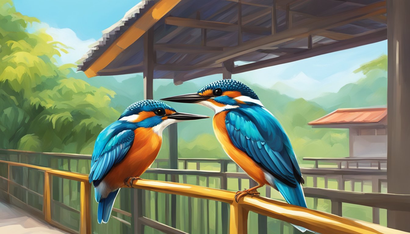 A vibrant kingfisher perches on a branch outside a bustling tuition centre. Brightly colored signage draws attention to the entrance