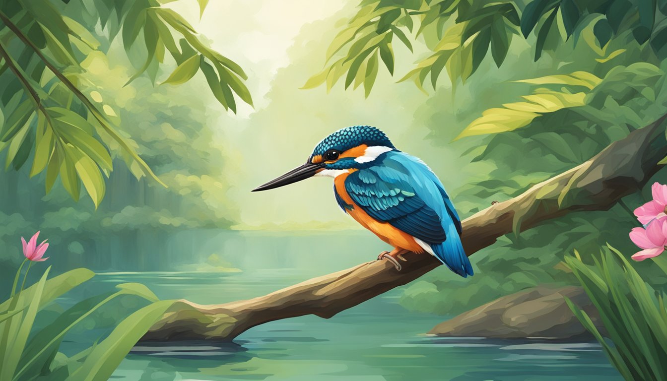 A colorful kingfisher perches on a branch, surrounded by a serene pond and lush green foliage. A sign reads "Frequently Asked Questions kingfisher tuition centre."