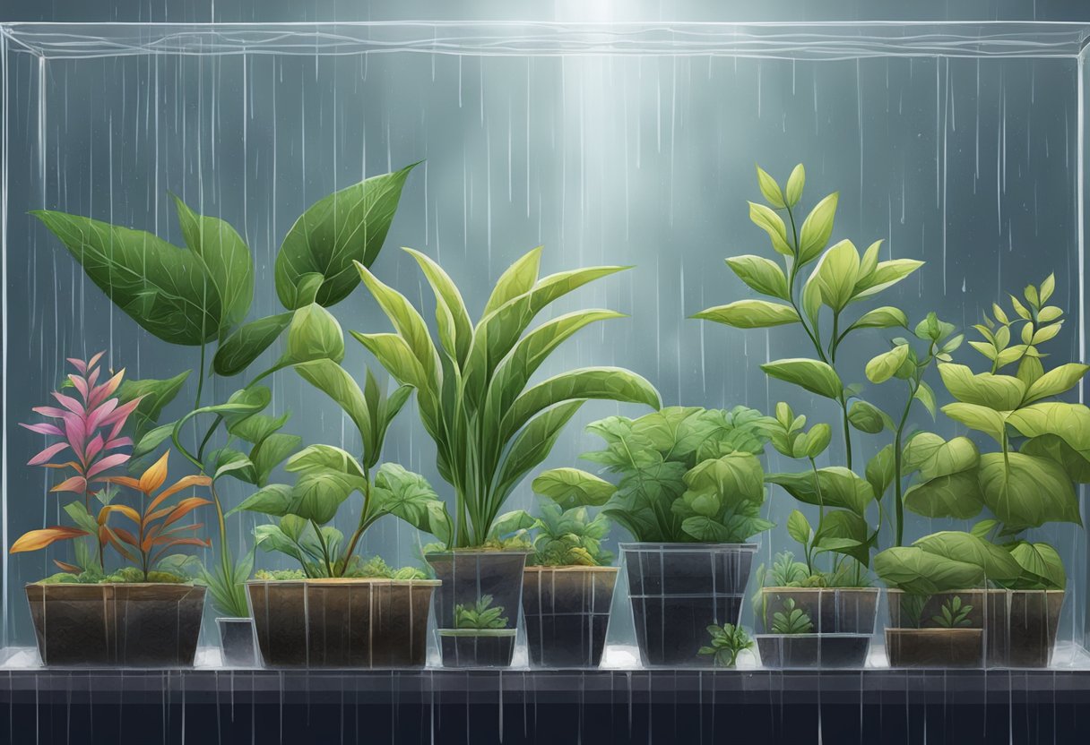 Plants sheltered under a clear plastic cover as heavy rain pours down