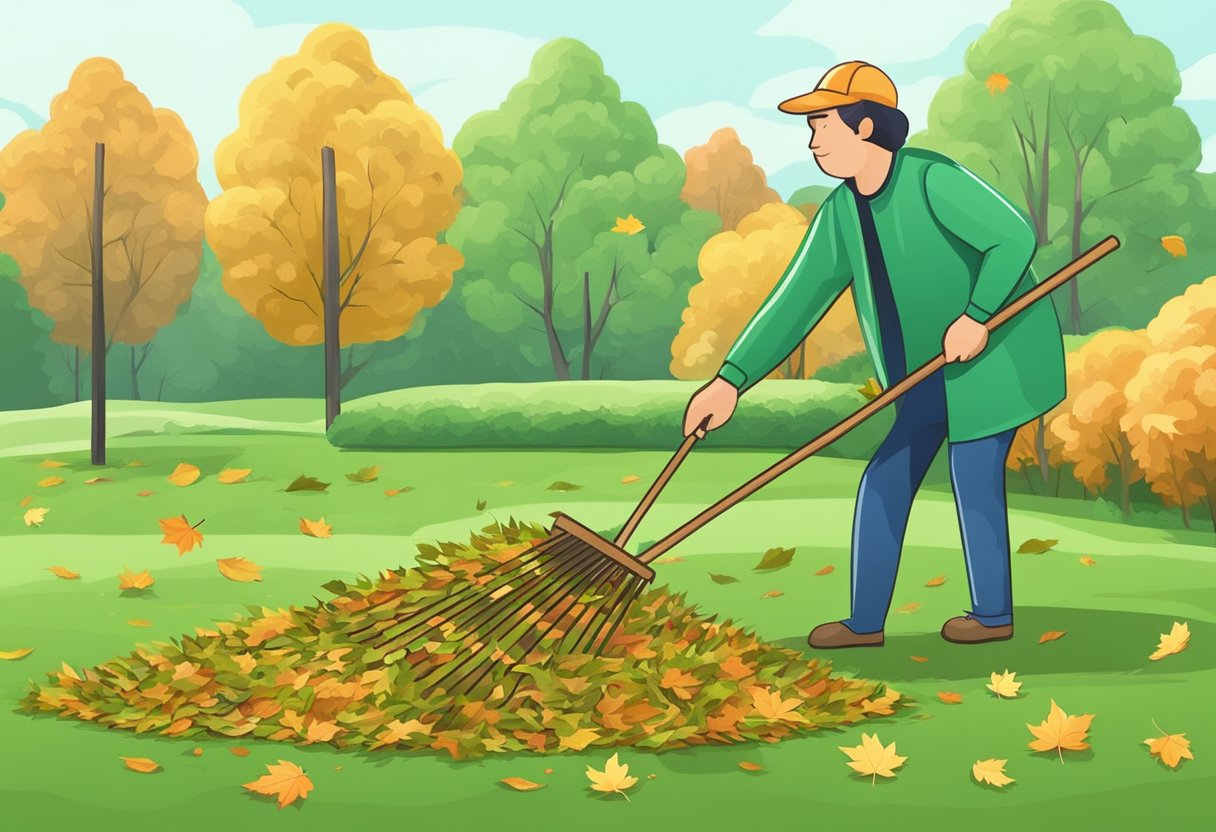 A person rakes leaves into neat piles on a green lawn