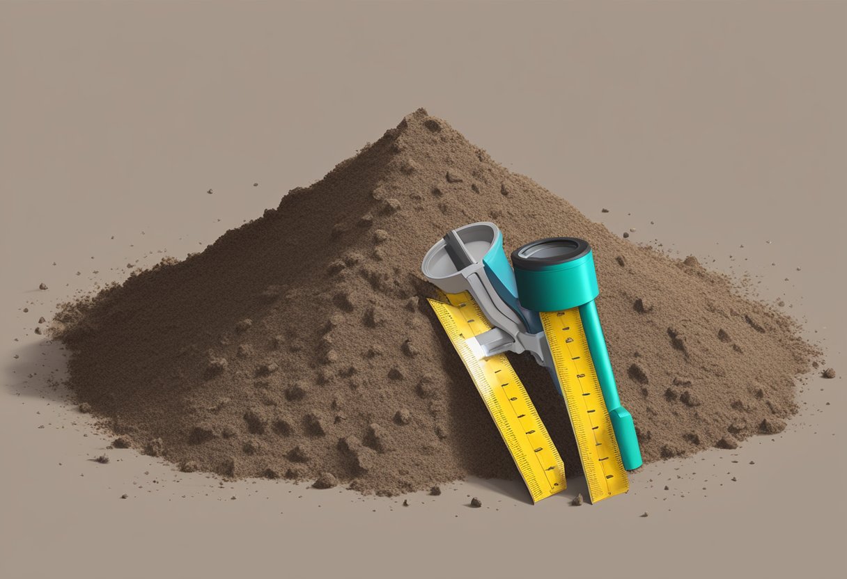 A pile of dirt and debris measuring 7 cubic yards sits in a corner, marked with a measuring tape for reference