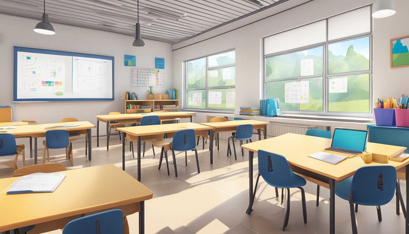 A bright, modern classroom at Axcell Tuition Centre, filled with desks, chairs, and educational materials. A whiteboard at the front displays math equations and diagrams. Windows let in natural light