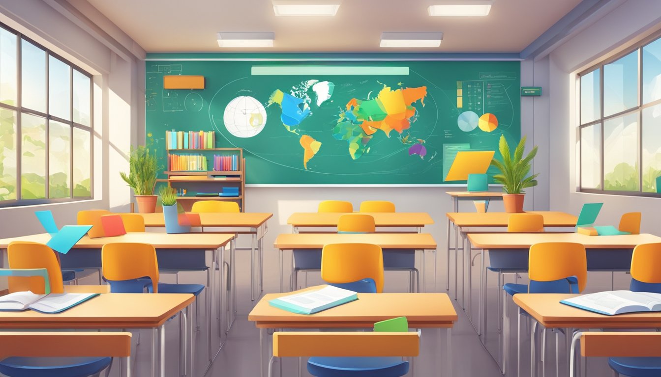 A bright and modern classroom with colorful educational materials and interactive technology. The walls are adorned with charts and diagrams, creating a stimulating learning environment