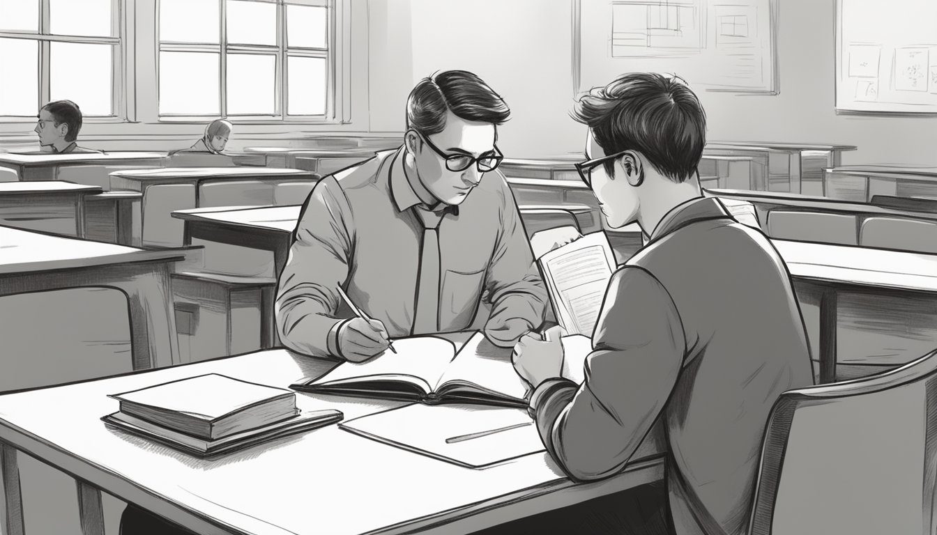 A teacher sits across from a student, pointing to a book. The student listens attentively, with a notebook and pencil in hand