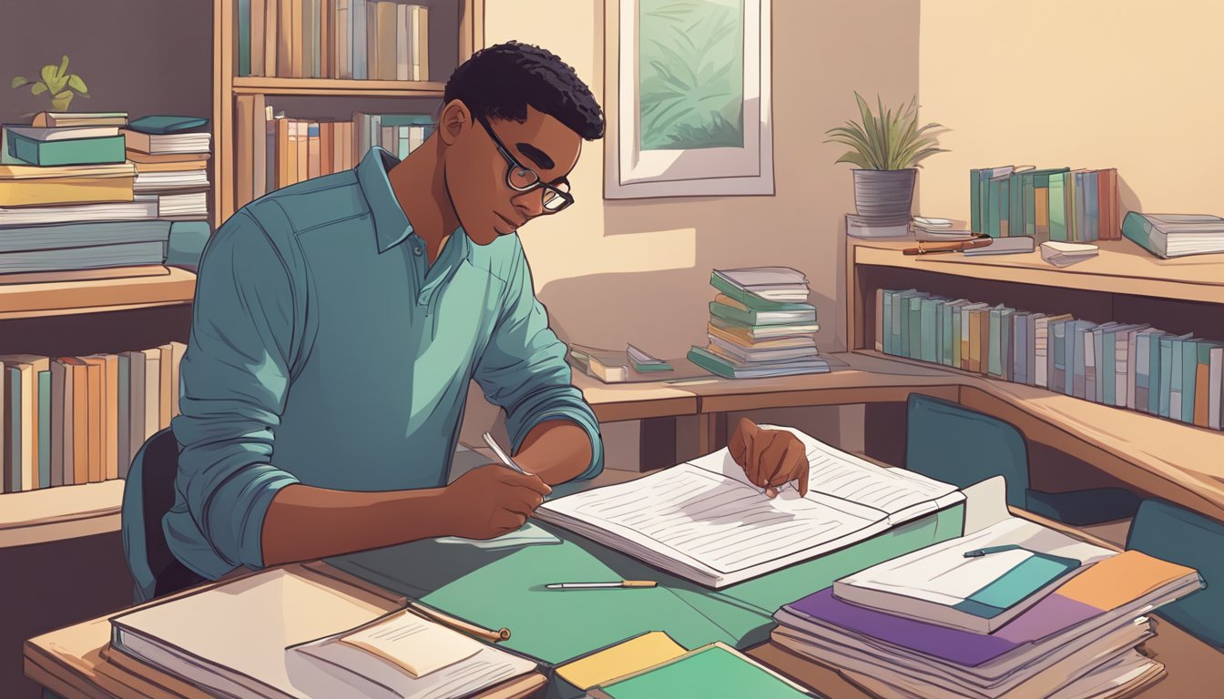 A student sits at a desk, looking through a list of potential tutors. A tutor stands nearby, pointing to a bookshelf filled with educational materials
