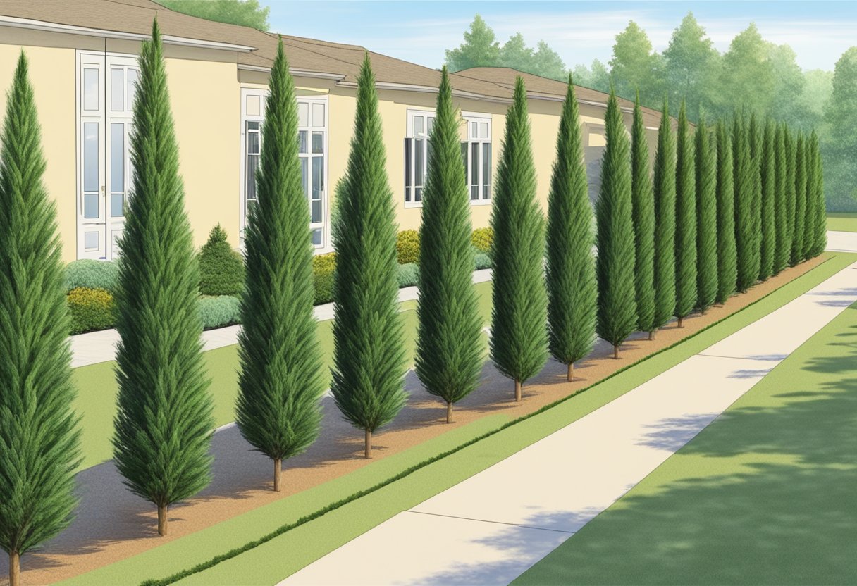 Leyland cypress trees planted in a straight row, spaced 6-10 feet apart, creating a dense barrier for privacy