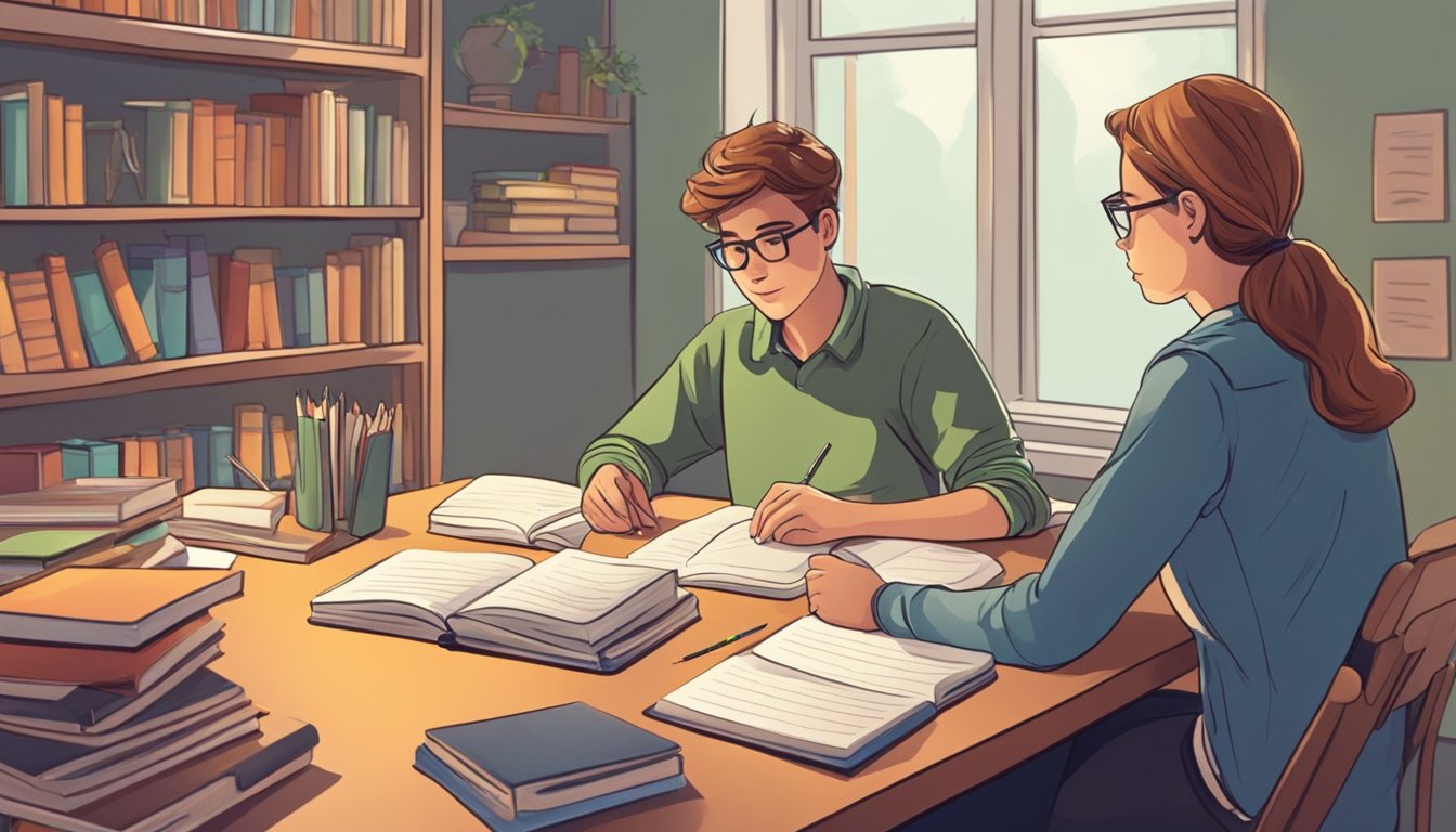 A student and a tutor sit at a table, engaged in a focused discussion. Books, notebooks, and educational materials are spread out on the table, creating a productive learning environment