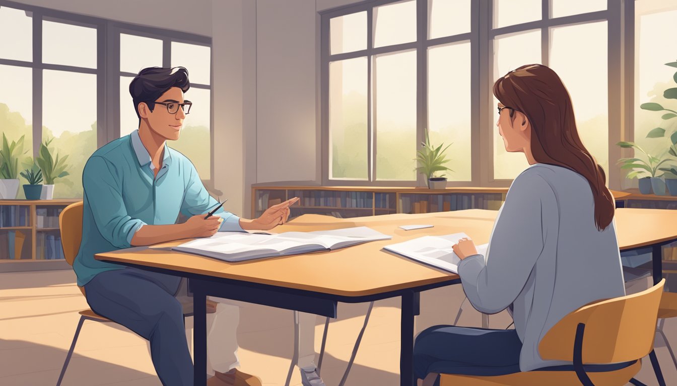 A student and a tutor sit facing each other, engaged in one-on-one tuition. The student appears attentive, while the tutor gestures and explains a concept