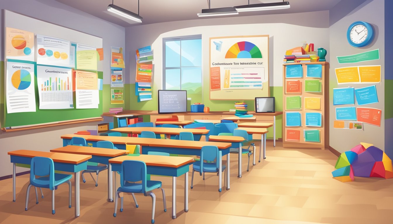 Brightly lit classroom with colorful posters and educational materials. A whiteboard displays "Confidence Tuition Centre" in bold letters
