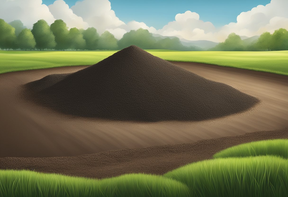 A pile of topsoil being spread across a grassy field, covering the ground in a thick layer to support the growth of healthy green grass