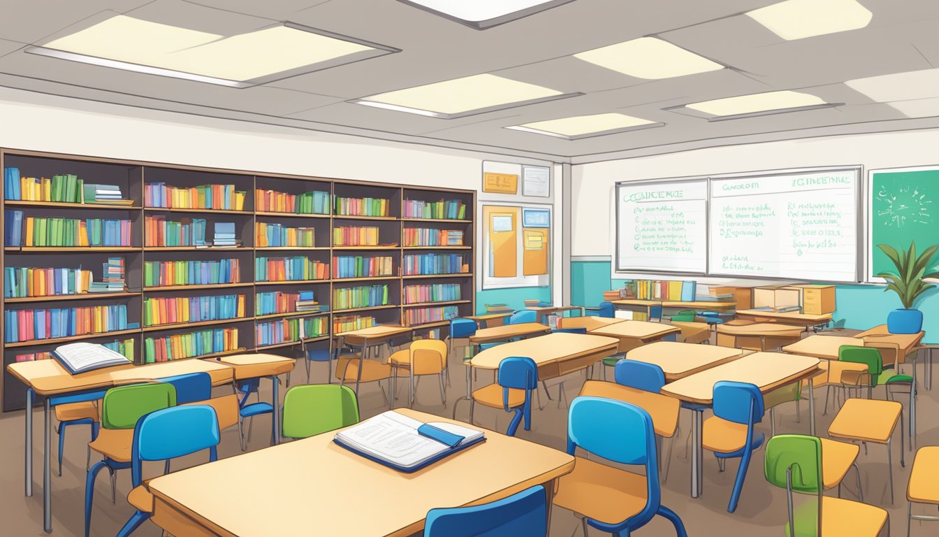Brightly lit classroom with rows of desks and chairs. Whiteboard at the front with "Core Offerings of Confidence Tuition Centres" written on it. Shelves filled with textbooks and educational materials