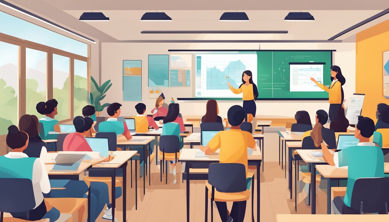 Students engaged in interactive learning activities at a modern and vibrant tuition center, exuding confidence and enthusiasm